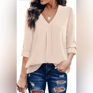 🪴Youtalia Tan Cream Three-Quarter Cuffed Sleeve Chiffon Blouse-Size M🌿